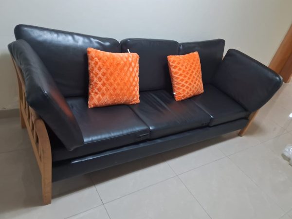 PURE WOODEN SOFA WITH BLACK LEATHER CUSHIONS