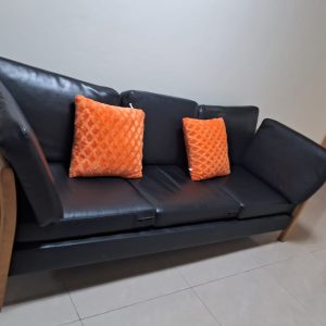 PURE WOODEN 3 SEATER SOFA WITH BLACK LEATHER