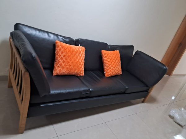 PURE WOODEN 3 SEATER SOFA WITH BLACK LEATHER