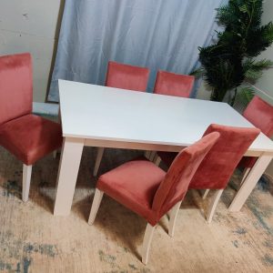 SIX CHAIR DINING TABLE WITH VELVET  CHAIRS