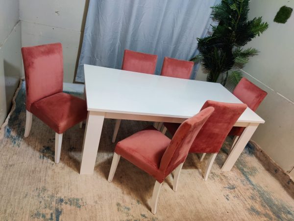 SIX CHAIR DINING TABLE WITH VELVET  CHAIRS