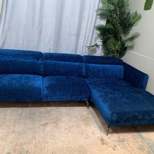 Cozy and Spacious Blue Velvet L-Shape Sofa with Chaise Lounge